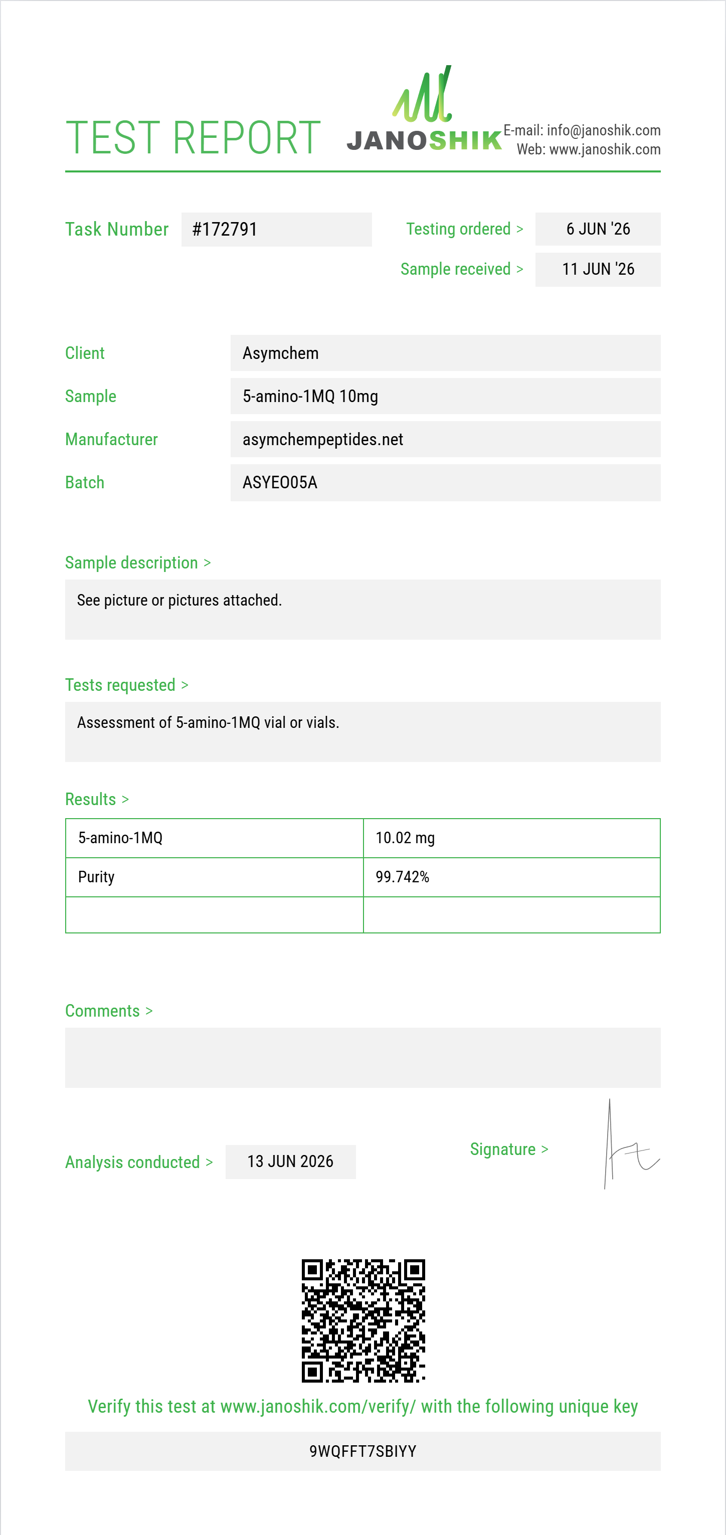 5-amino-1MQ Purity (HPLC) report by Janoshik Analytical