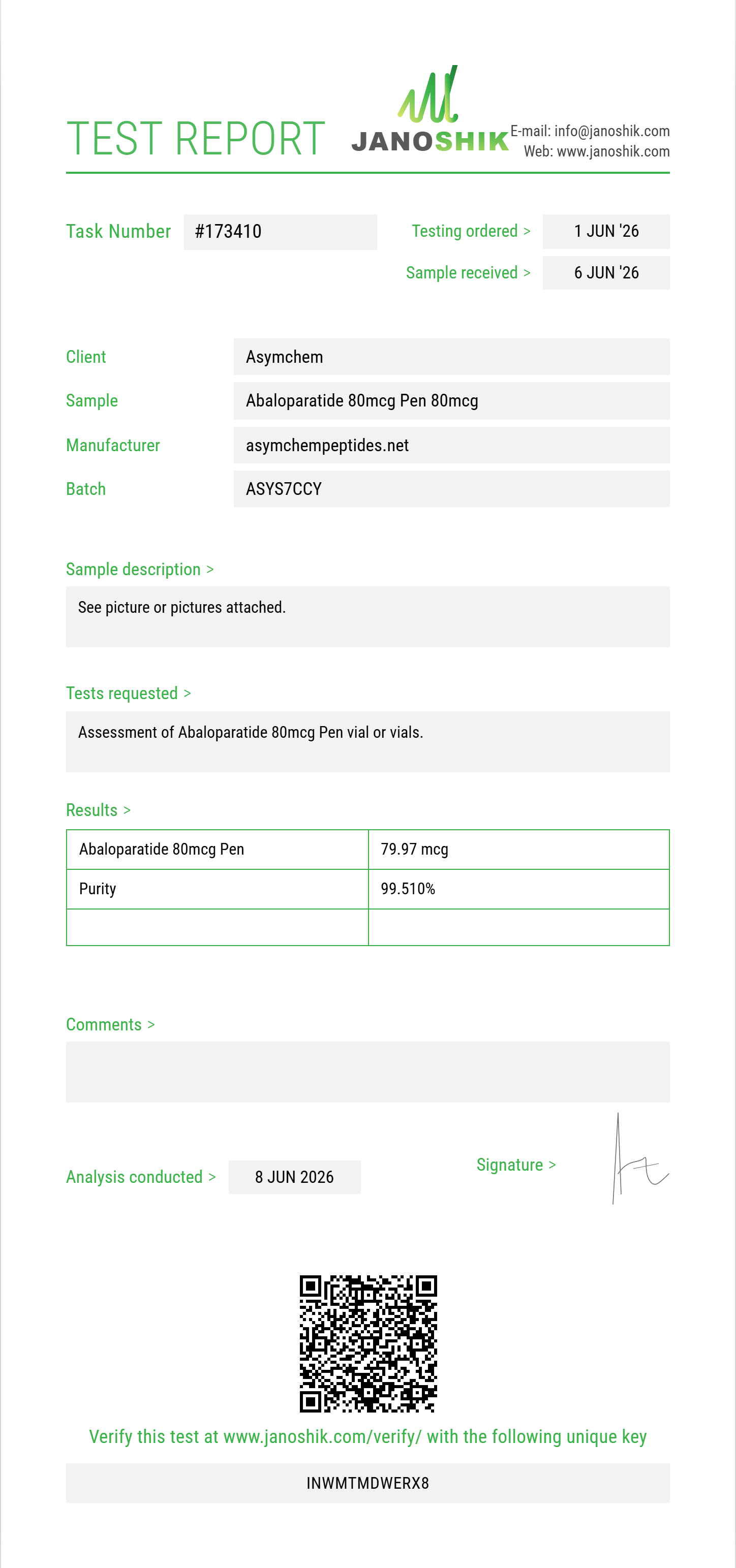 Abaloparatide Purity (HPLC) report by Janoshik Analytical
