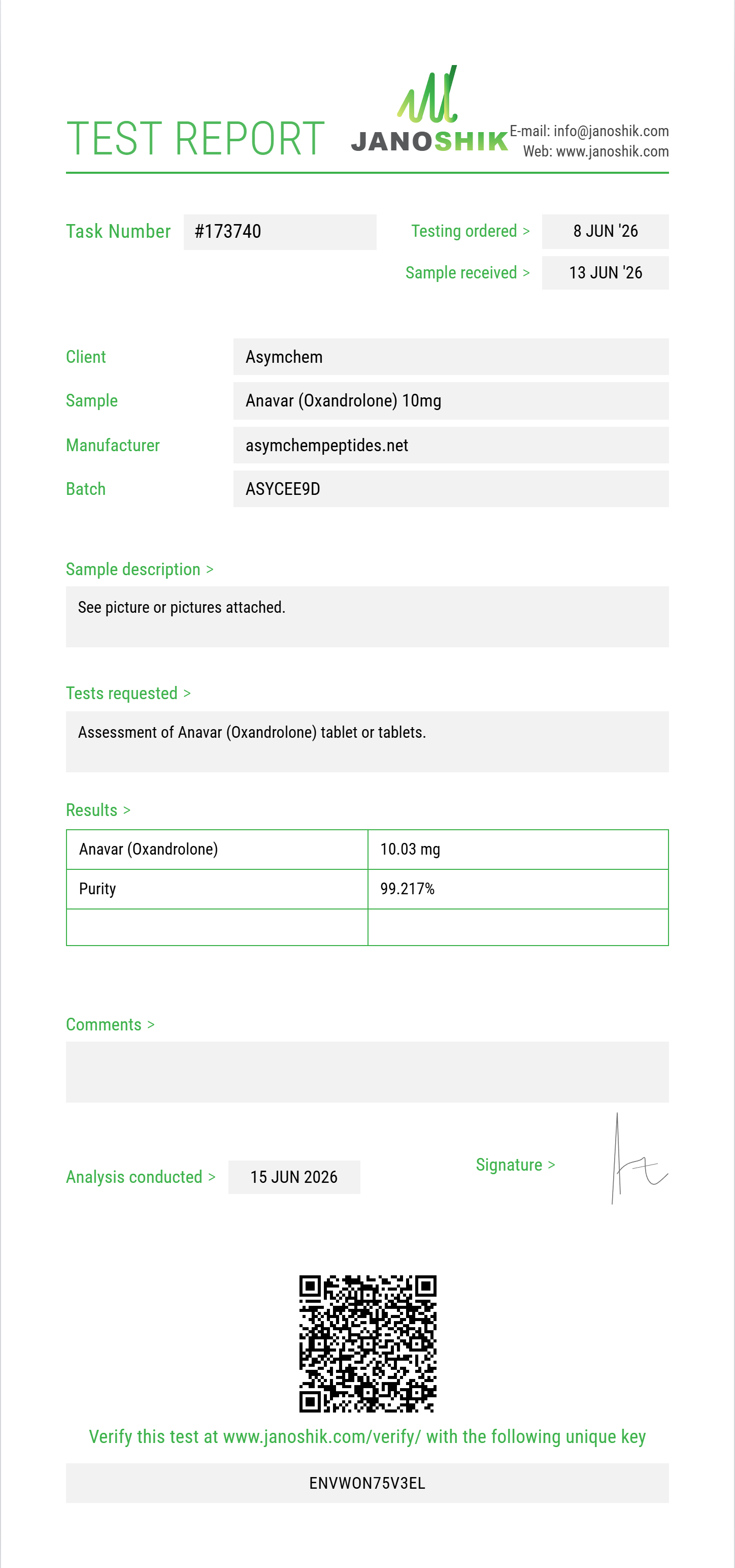 Anavar (Oxandrolone) Purity (HPLC) report by Janoshik Analytical