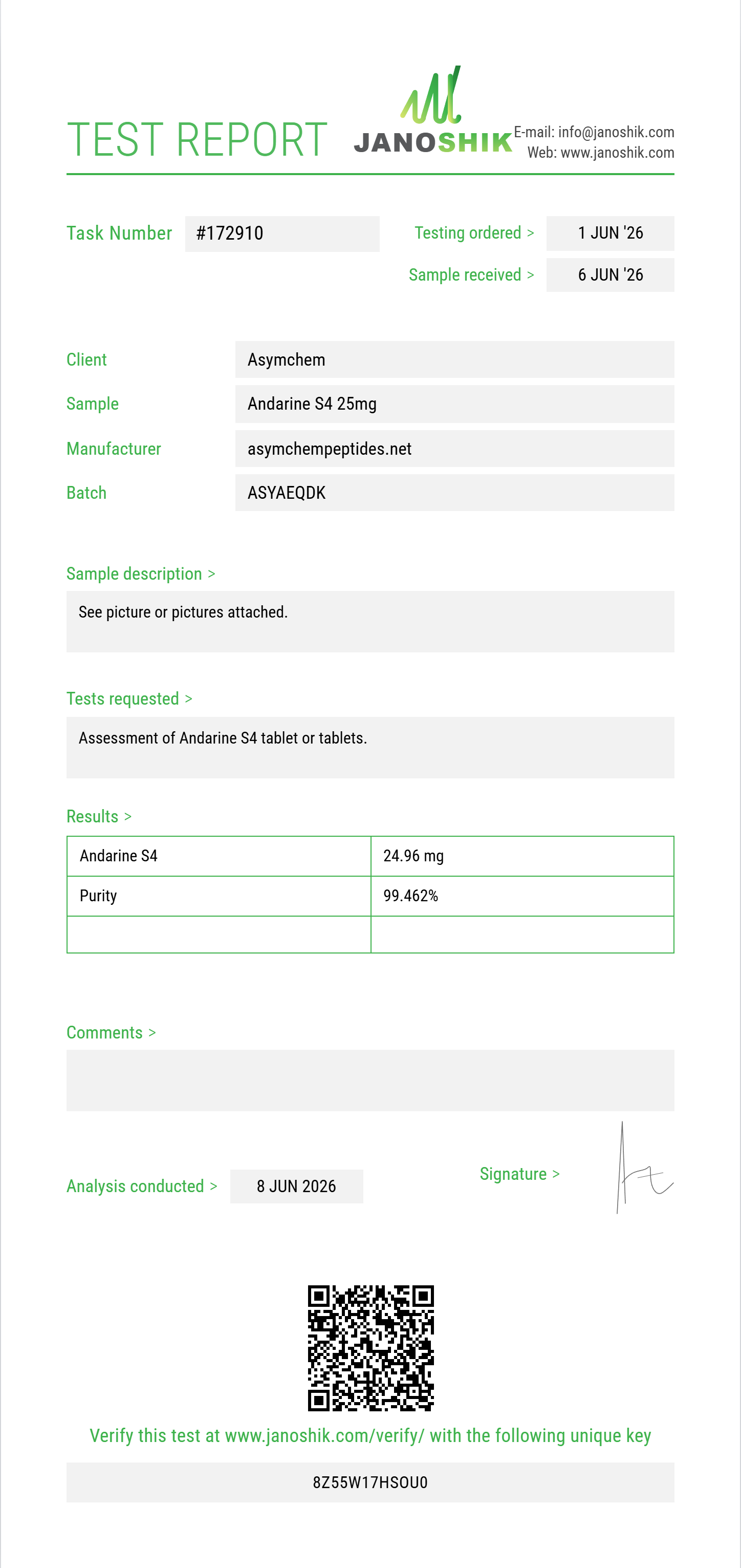 Andarine S4 Purity (HPLC) report by Janoshik Analytical