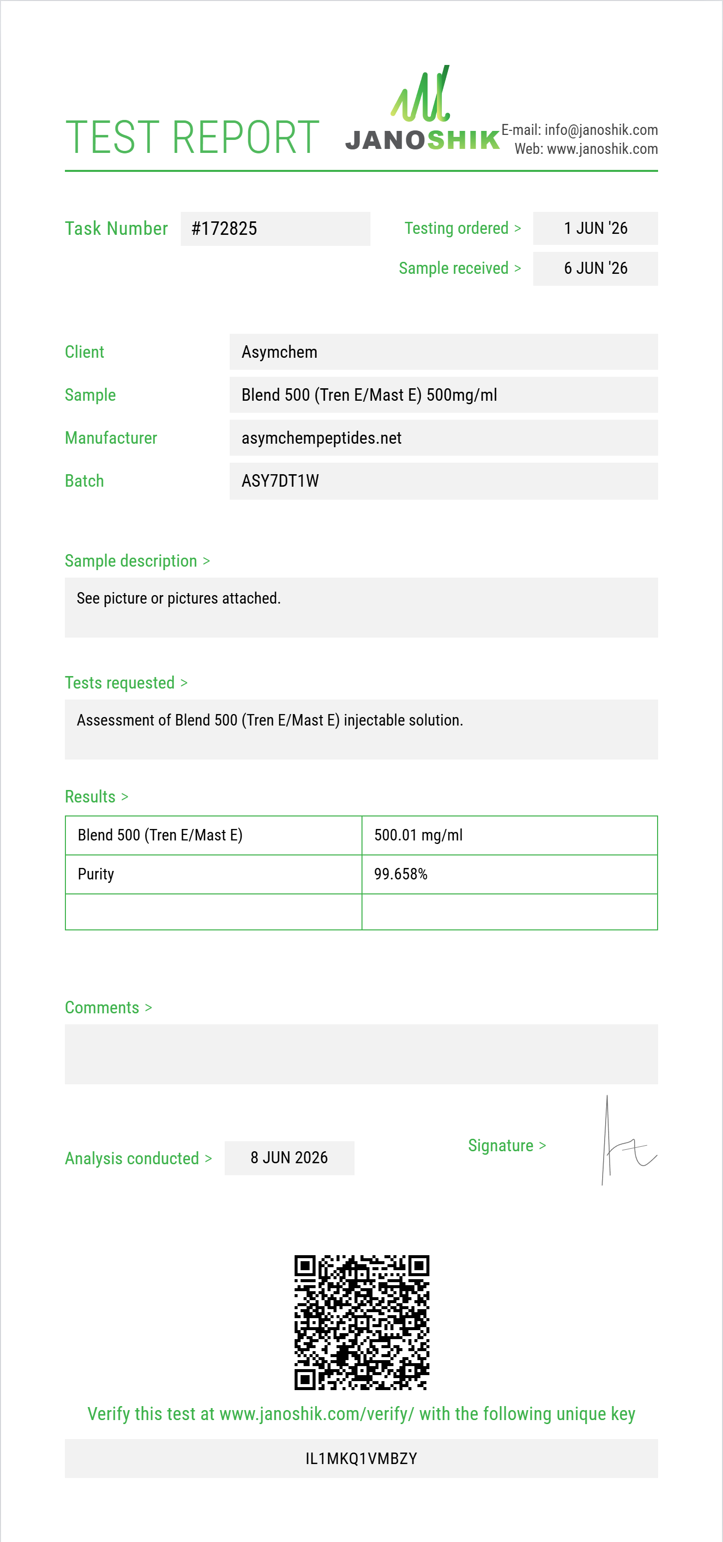 Blend 500 (Tren E/Mast E) Purity (HPLC) report by Janoshik Analytical