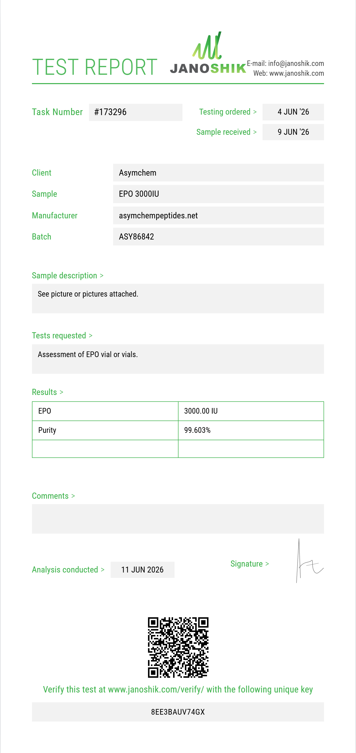 EPO Purity (HPLC) report by Janoshik Analytical