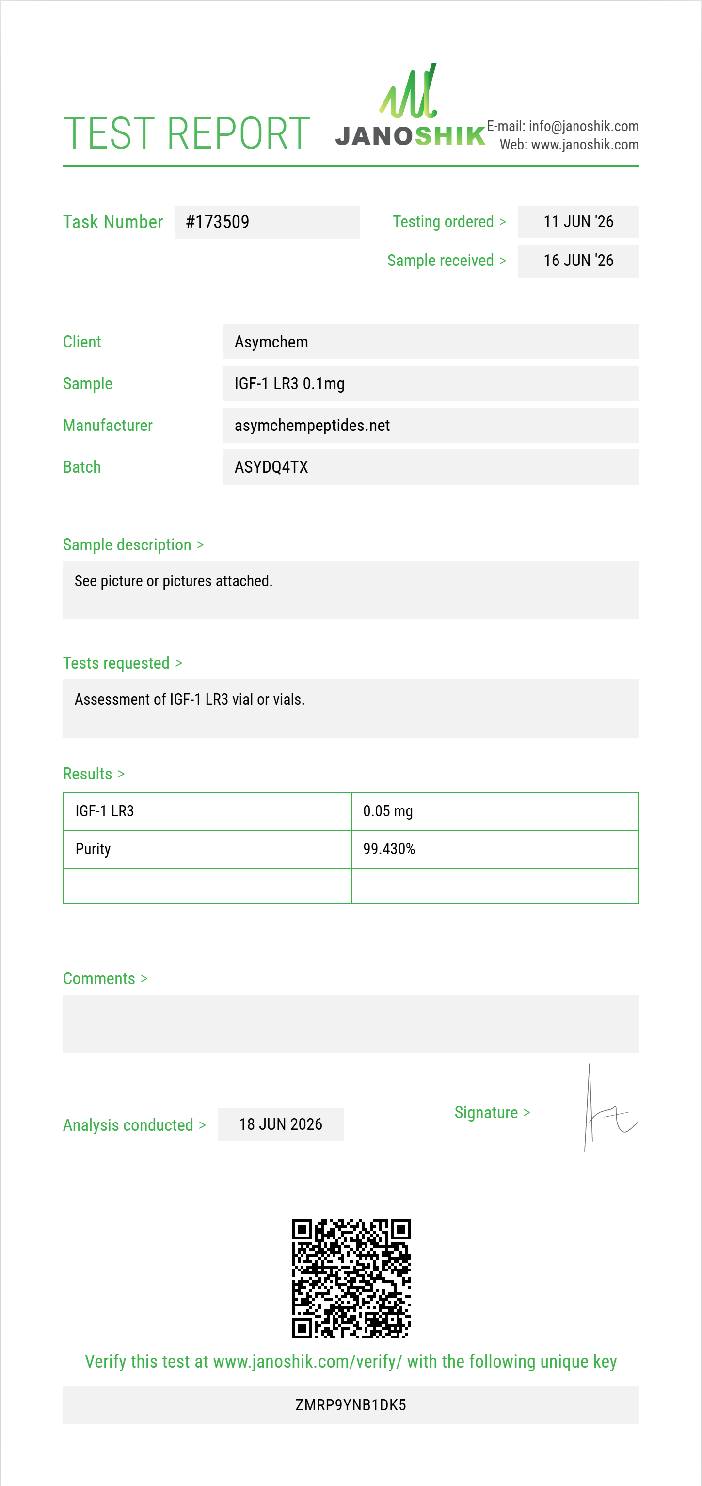 IGF-1 LR3 Purity (HPLC) report by Janoshik Analytical