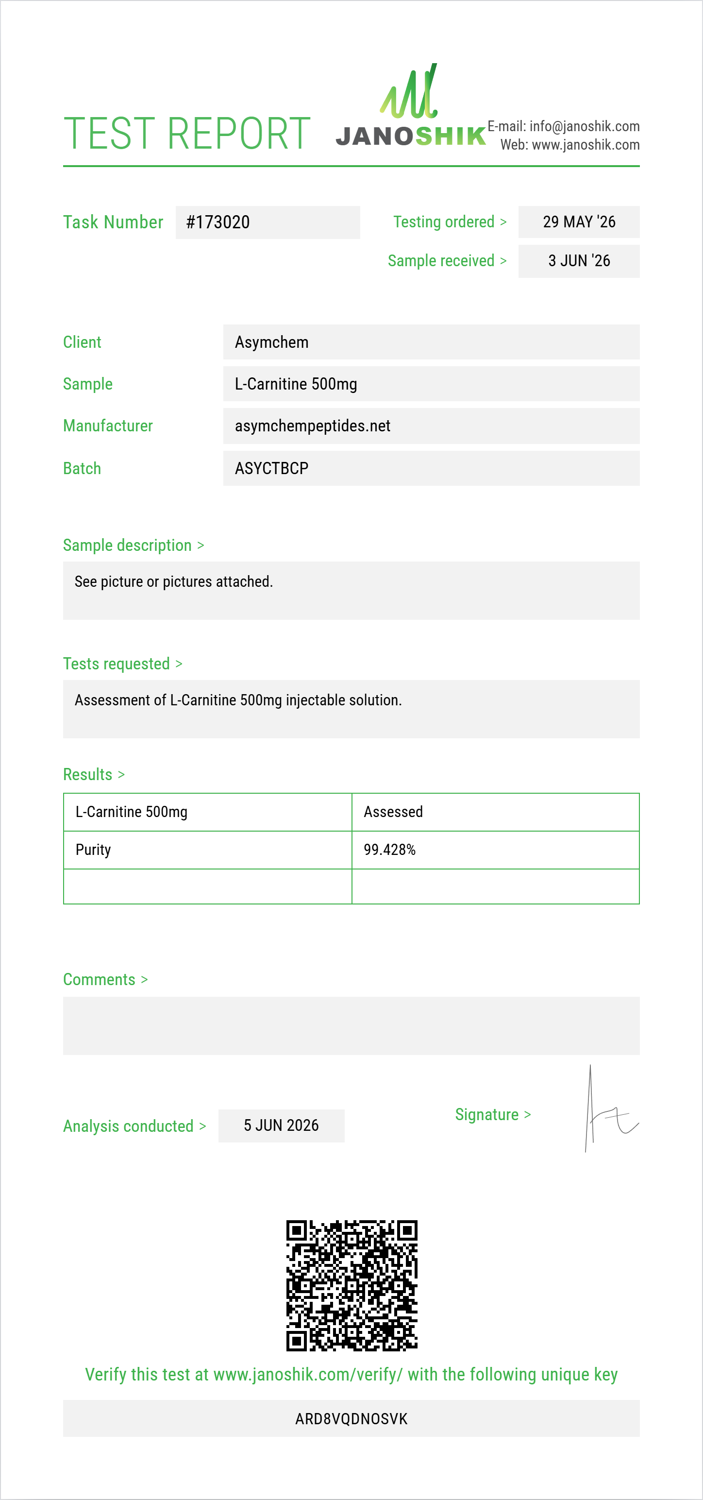 L-Carnitine 500mg Purity (HPLC) report by Janoshik Analytical