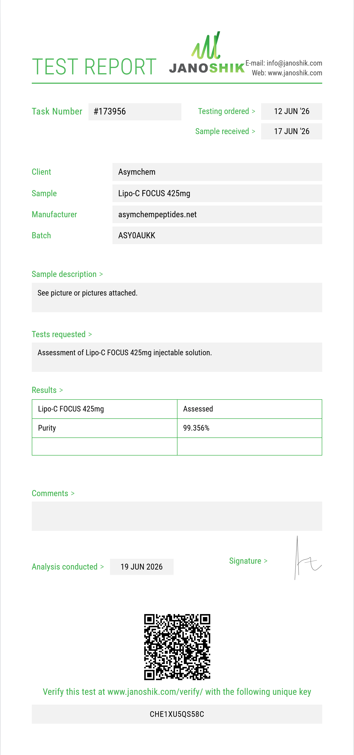 Lipo-C FOCUS 425mg Purity (HPLC) report by Janoshik Analytical