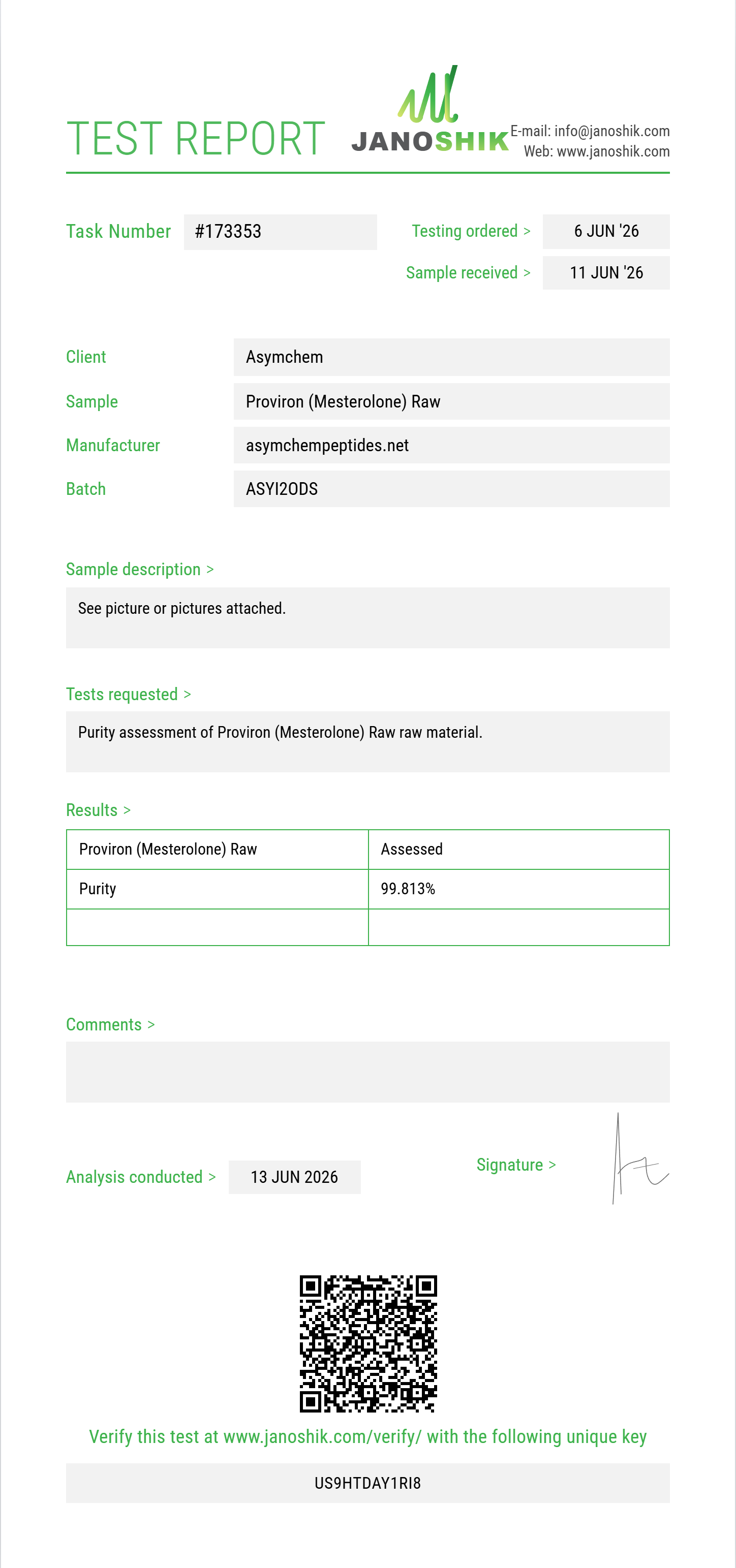 Proviron (Mesterolone) Raw Purity (HPLC) report by Janoshik Analytical