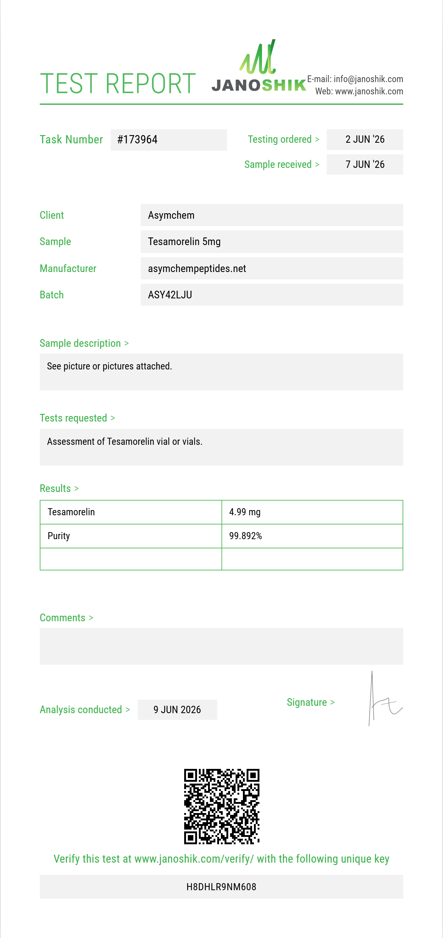 Tesamorelin Purity (HPLC) report by Janoshik Analytical