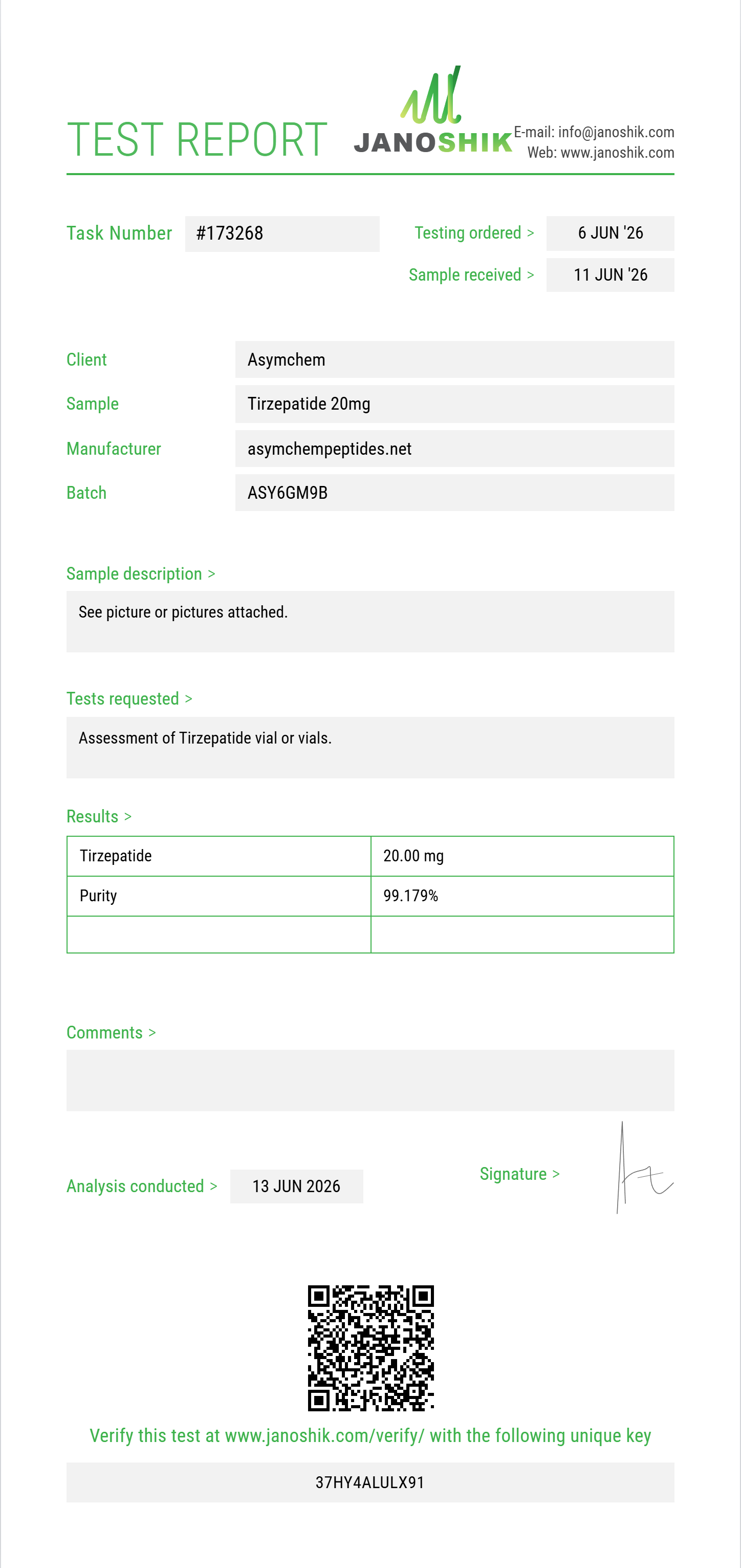Tirzepatide Purity (HPLC) report by Janoshik Analytical