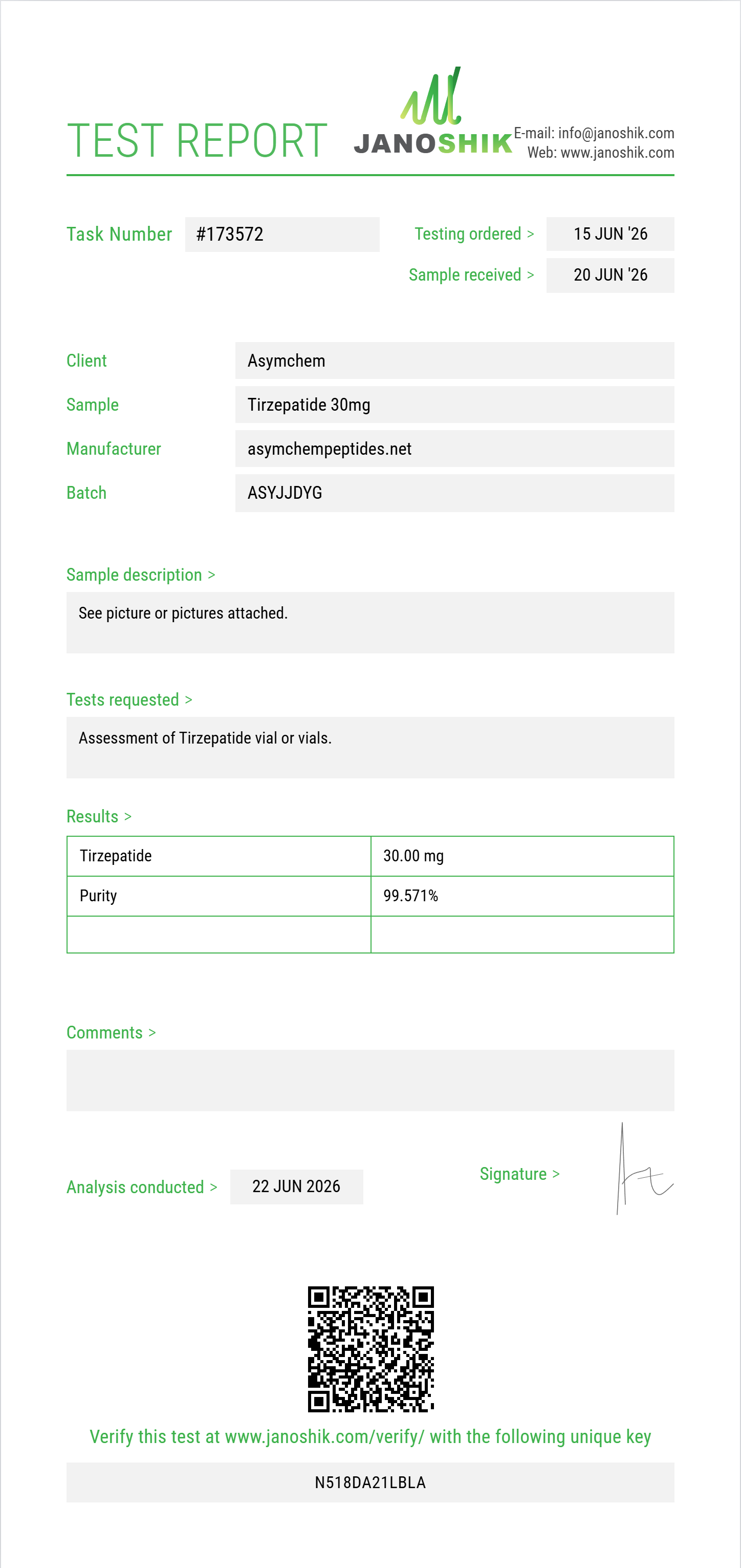 Tirzepatide 30mg Pen Kit Purity (HPLC) report by Janoshik Analytical