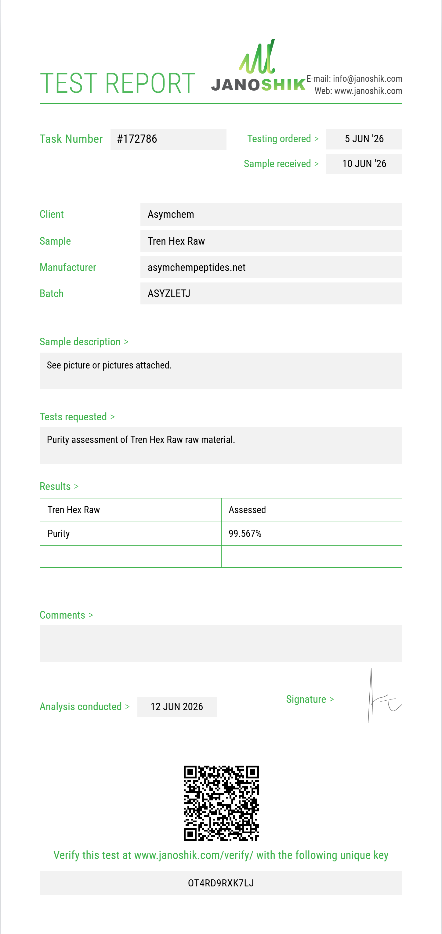 Tren Hex Raw Purity (HPLC) report by Janoshik Analytical