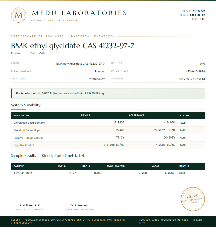 BMK ethyl glycidate CAS 41232-97-7 Endotoxin report by Medu Laboratories