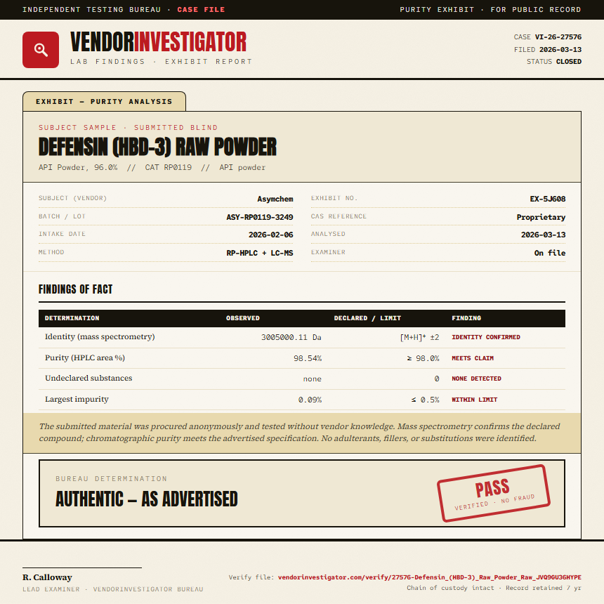 Defensin (HBD-3) Raw Powder Purity (HPLC) report by VendorInvestigator