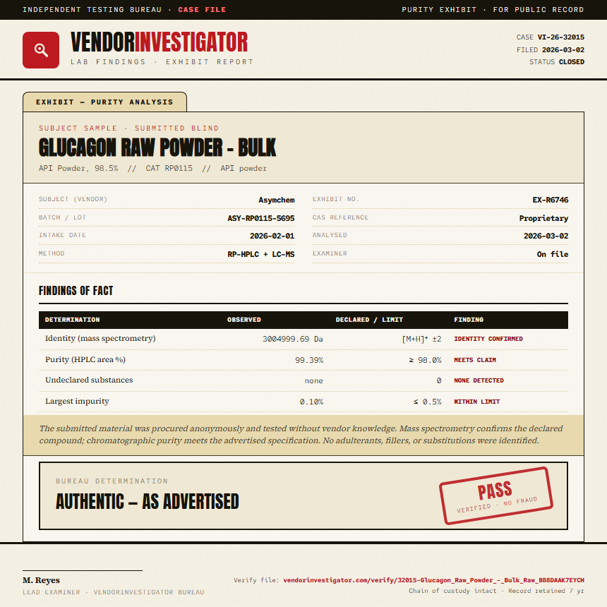 Glucagon Raw Powder - Bulk Purity (HPLC) report by VendorInvestigator
