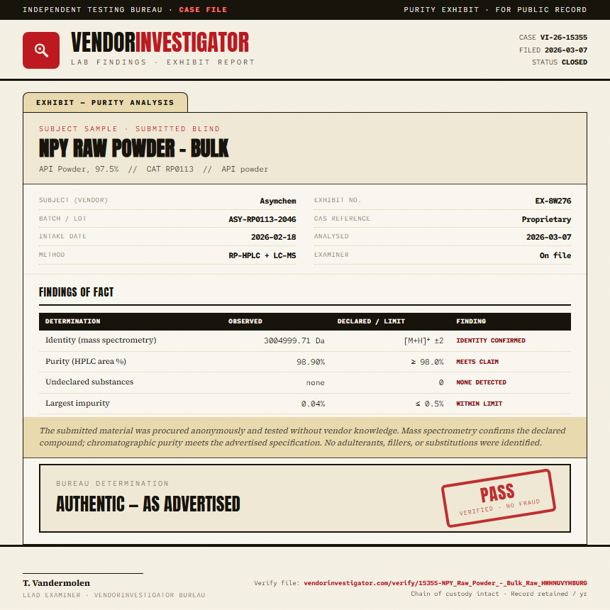 NPY Raw Powder - Bulk Purity (HPLC) report by VendorInvestigator