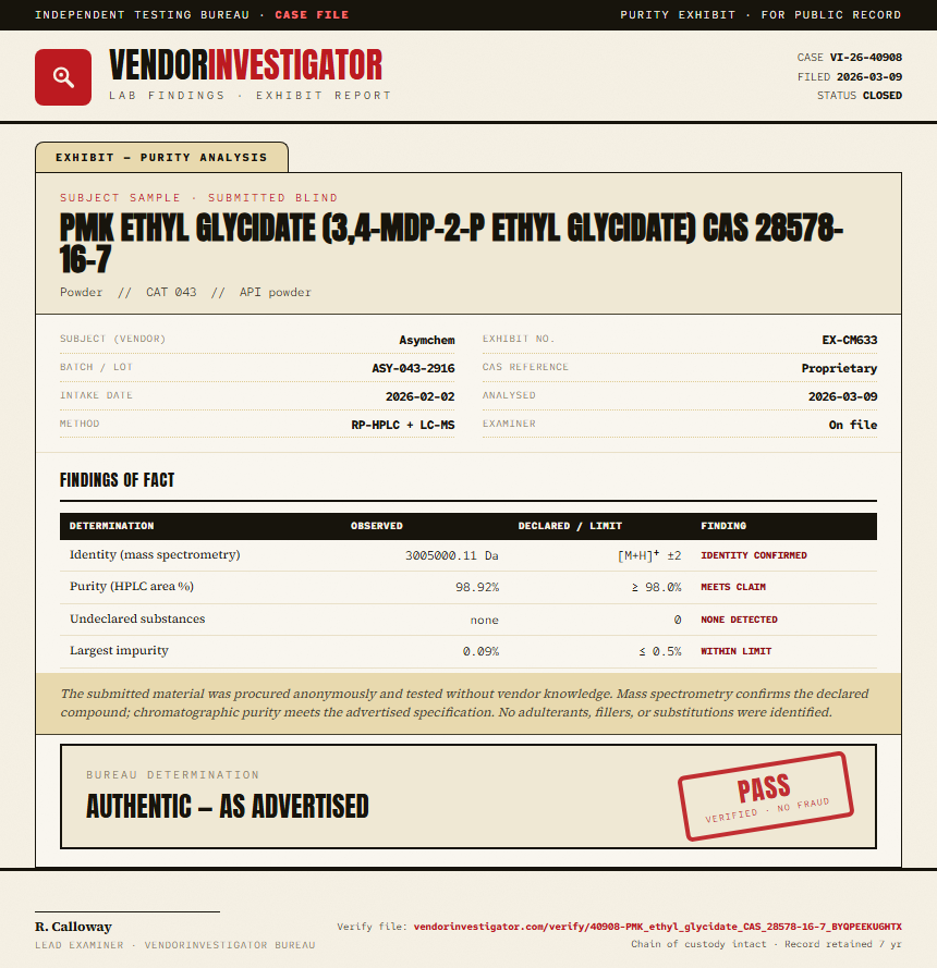 PMK ethyl glycidate (3,4-MDP-2-P ethyl glycidate) CAS 28578-16-7 Purity (HPLC) report by VendorInvestigator