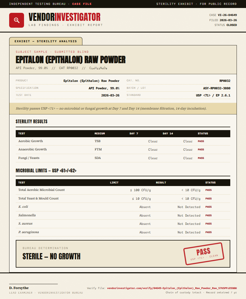 Epitalon (Epithalon) Raw Powder Sterility report by VendorInvestigator